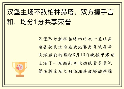 汉堡主场不敌柏林赫塔，双方握手言和，均分1分共享荣誉