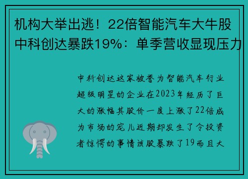 机构大举出逃！22倍智能汽车大牛股中科创达暴跌19%：单季营收显现压力