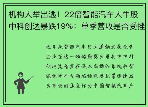机构大举出逃！22倍智能汽车大牛股中科创达暴跌19%：单季营收是否受挫？