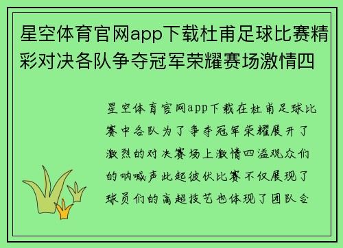 星空体育官网app下载杜甫足球比赛精彩对决各队争夺冠军荣耀赛场激情四溢