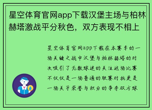星空体育官网app下载汉堡主场与柏林赫塔激战平分秋色，双方表现不相上下